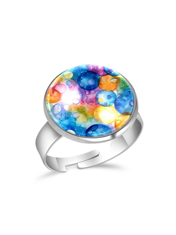 Colorful Watercolor Bubbles Stainless Steel Rings for Women, Open Adjustable Ring Promise Ring Jewelry Gifts