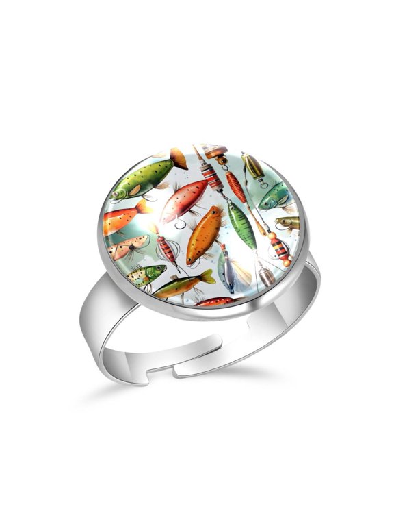 Colors Fish Fishing Pattern Stainless Steel Rings for Women, Open Adjustable Ring Promise Ring Jewelry Gifts