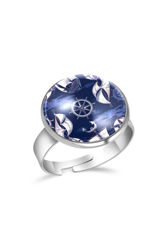 Compass Sailboat Pattern Stainless Steel Rings for Women, Open Adjustable Ring Promise Ring Jewelry Gifts