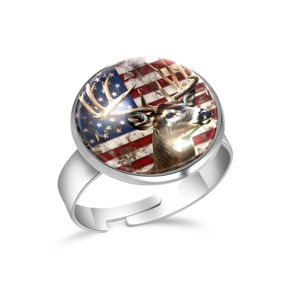 PhooArto Cool Deer American Flag Background Stainless Steel Rings for Women, Open Adjustable Ring Promise Ring Jewelry Gifts