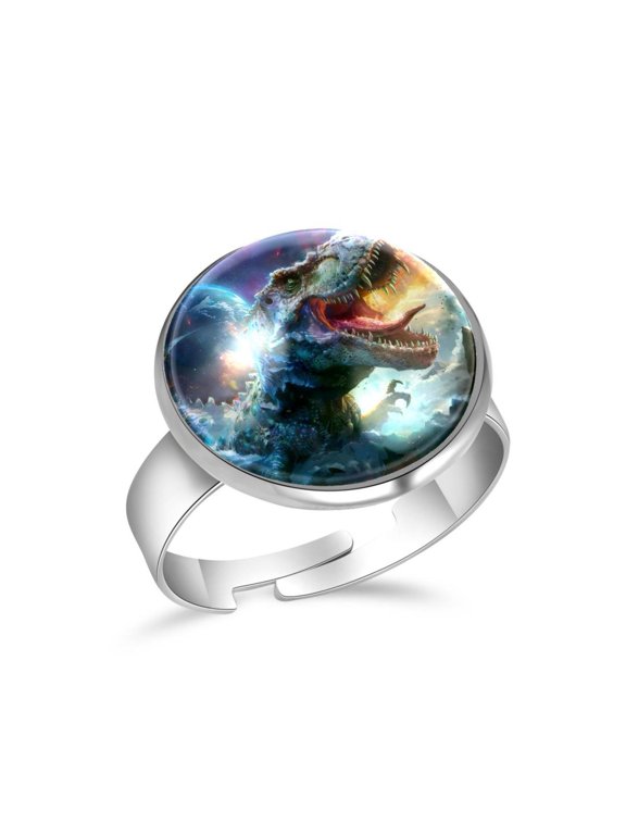 Cool Dinosaur Fantasy Galaxy Stainless Steel Rings for Women, Open Adjustable Ring Promise Ring Jewelry Gifts