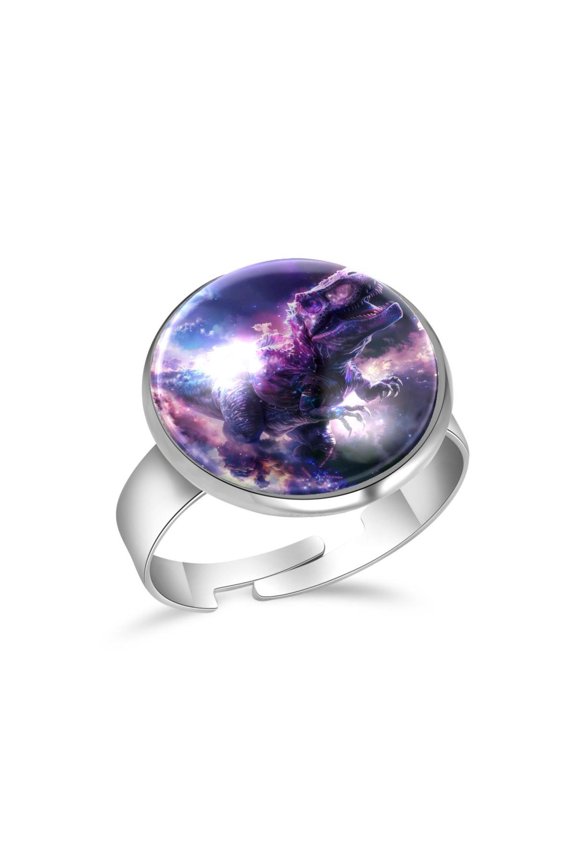 Cool Dinosaur on Purple Galaxy Stainless Steel Rings for Women, Open Adjustable Ring Promise Ring Jewelry Gifts