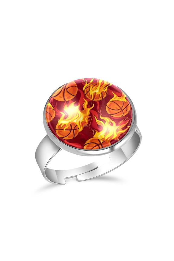 Cool Fire Basketball Pattern Stainless Steel Rings for Women, Open Adjustable Ring Promise Ring Jewelry Gifts