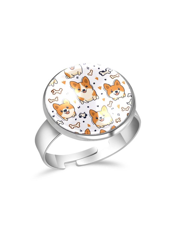 Corgi Bones Patterns Stainless Steel Rings for Women, Open Adjustable Ring Promise Ring Jewelry Gifts