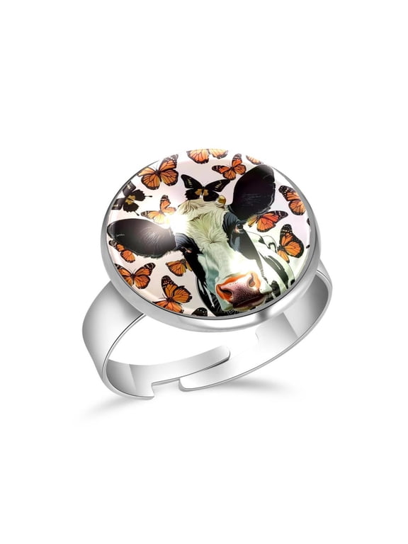 Cow Butterflies Pattern Stainless Steel Rings for Women, Open Adjustable Ring Promise Ring Jewelry Gifts