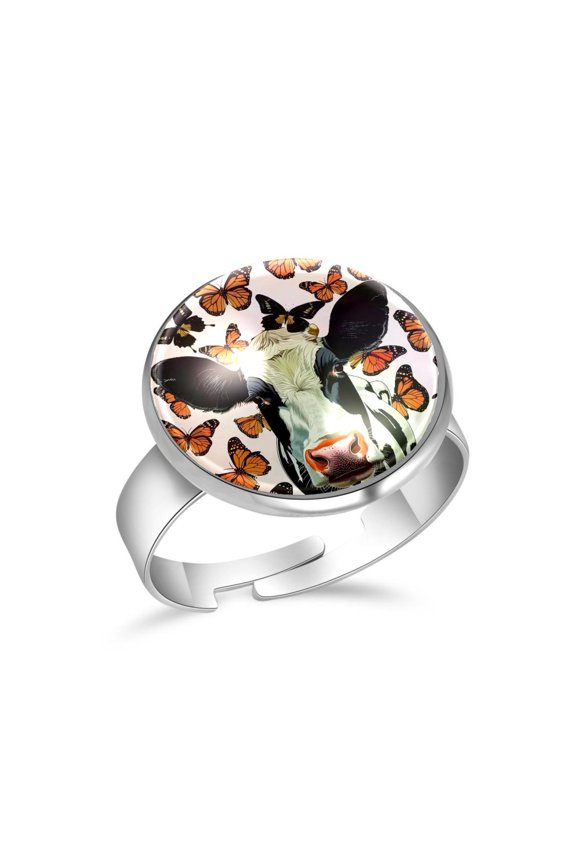 Cow Butterflies Pattern Stainless Steel Rings for Women, Open Adjustable Ring Promise Ring Jewelry Gifts