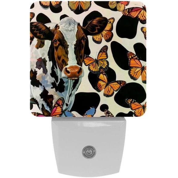 PhooArto Cow Butterflies Print Plug in LED Night Light Auto Sensor Dusk to Dawn Decorative Night for Bedroom, Bathroom, Kitchen, Hallway, Stairs, Baby's Room, Energy Saving