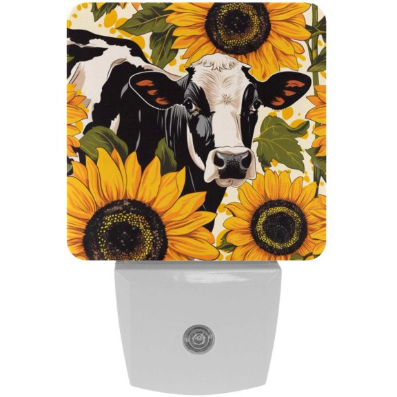 PhooArto Cow Print Sunflower Pattern Plug in LED Night Light Auto Sensor Dusk to Dawn Decorative Night for Bedroom, Bathroom, Kitchen, Hallway, Stairs, Baby's Room, Energy Saving