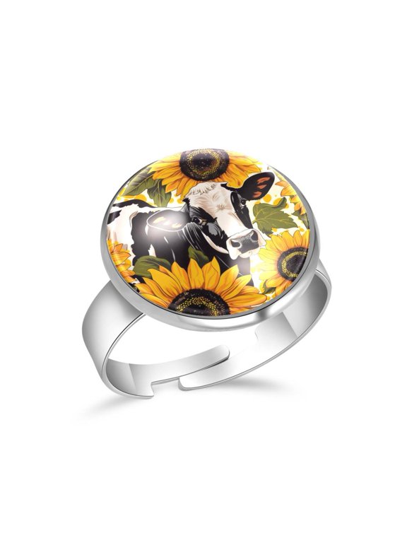 Cow Print Sunflower Pattern Stainless Steel Rings for Women, Open Adjustable Ring Promise Ring Jewelry Gifts
