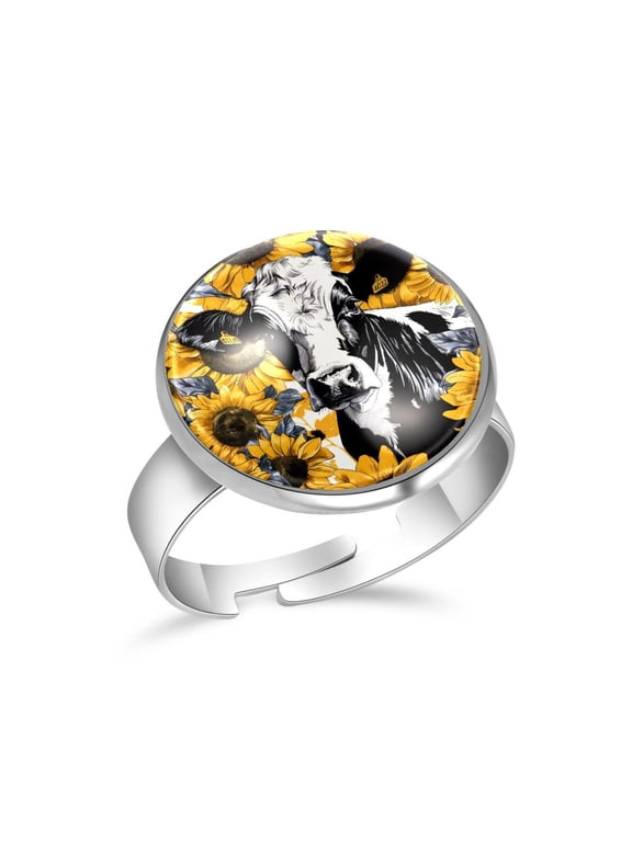 Cow Print Sunflower Patterns Stainless Steel Rings for Women, Open Adjustable Ring Promise Ring Jewelry Gifts