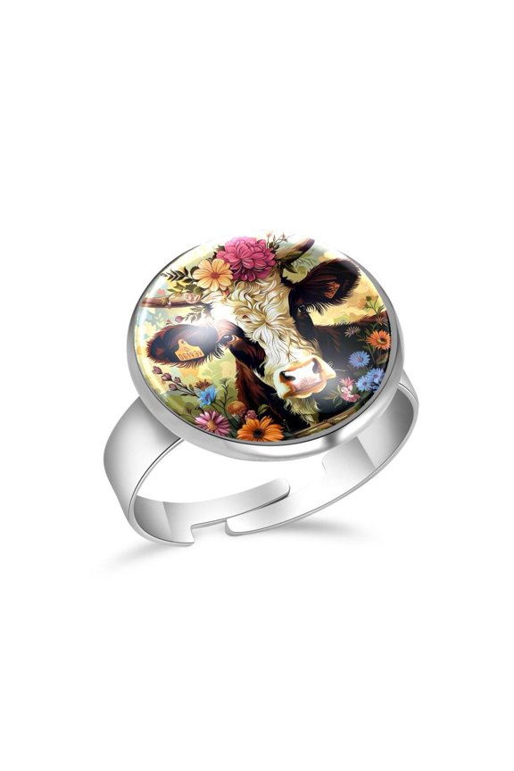 Cow with Flower Wreath Stainless Steel Rings for Women, Open Adjustable Ring Promise Ring Jewelry Gifts