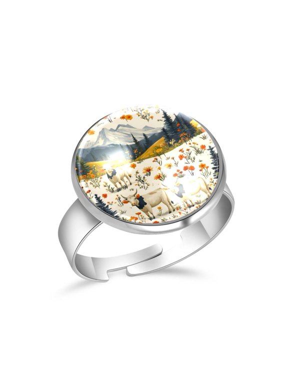 Cows and Flowers Stainless Steel Rings for Women, Open Adjustable Ring Promise Ring Jewelry Gifts