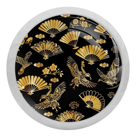 PhooArto Crane Fan Flower Golden Pattern 4 PCS Crystal Glass Cabinet Knobs, Drawer Kitchen Cabinets Dresser Cupboard Wardrobe Pulls Handle - Glowing in the Dark
