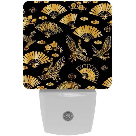 PhooArto Crane Fan Flower Golden Pattern Plug in LED Night Light Auto Sensor Dusk to Dawn Decorative Night for Bedroom, Bathroom, Kitchen, Hallway, Stairs, Baby's Room, Energy Saving