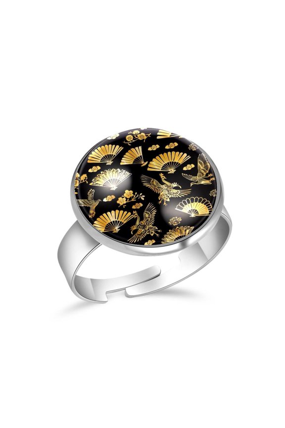 Crane Fan Flower Golden Pattern Stainless Steel Rings for Women, Open Adjustable Ring Promise Ring Jewelry Gifts