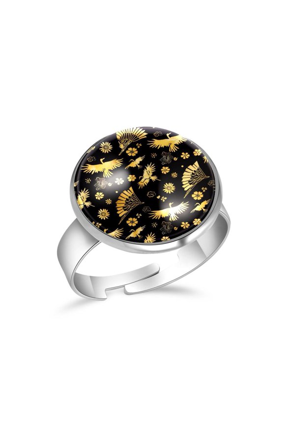 Crane Fan Flower Golden Silhouette Stainless Steel Rings for Women, Open Adjustable Ring Promise Ring Jewelry Gifts