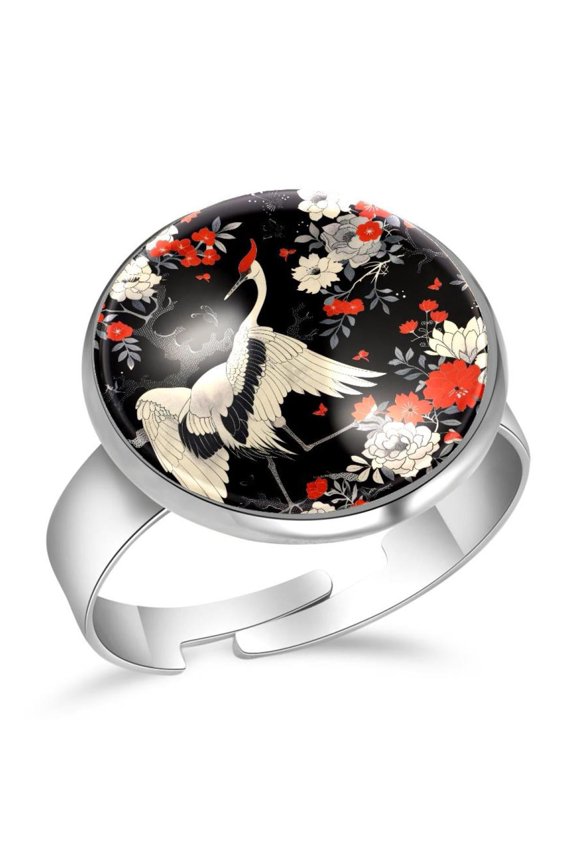 Crane and Flower Pattern Stainless Steel Rings for Women, Open Adjustable Ring Promise Ring Jewelry Gifts