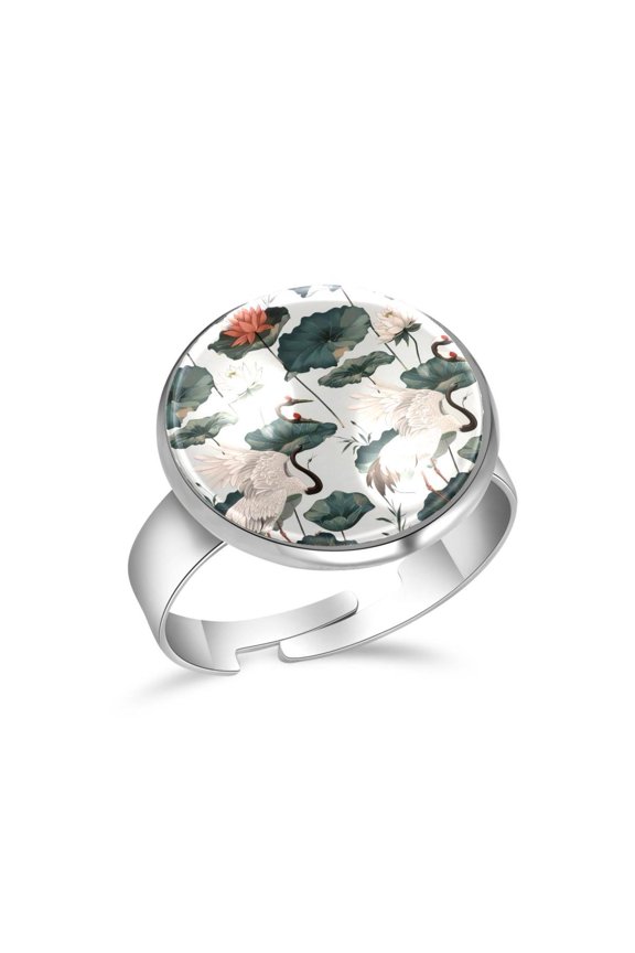 Cranes and Lotuses Pattern Stainless Steel Rings for Women, Open Adjustable Ring Promise Ring Jewelry Gifts