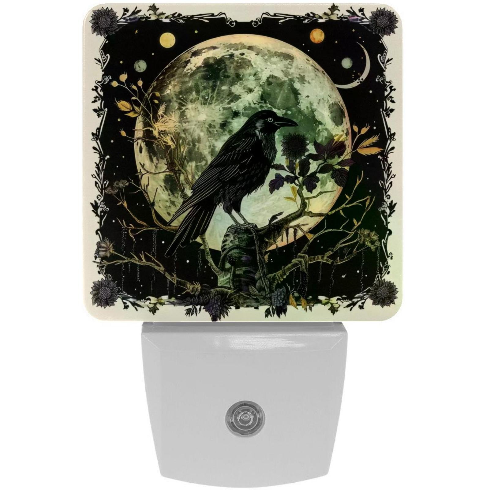 PhooArto Crow Moon Tree Leaves Plug in LED Night Light Auto Sensor Dusk to Dawn Decorative Night for Bedroom, Bathroom, Kitchen, Hallway, Stairs, Baby's Room, Energy Saving