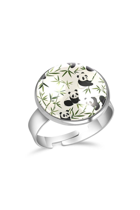 Cute Bamboo Panda Pattern Stainless Steel Rings for Women, Open Adjustable Ring Promise Ring Jewelry Gifts