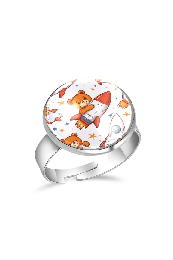 Cute Bear Flying Rocket Pattern Stainless Steel Rings for Women, Open Adjustable Ring Promise Ring Jewelry Gifts