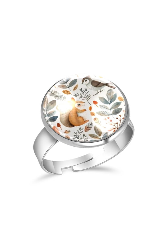 Cute Bird Squirrel Forest Pattern Stainless Steel Rings for Women, Open Adjustable Ring Promise Ring Jewelry Gifts