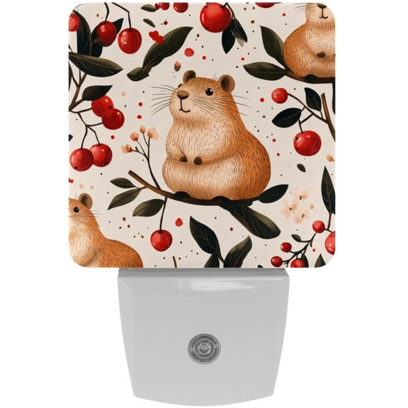 PhooArto Cute Capybaras Cherries Pattern Plug in LED Night Light Auto Sensor Dusk to Dawn Decorative Night for Bedroom, Bathroom, Kitchen, Hallway, Stairs, Baby's Room, Energy Saving