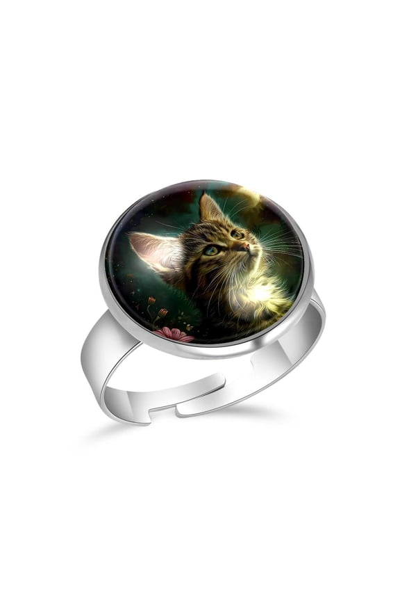 Cute Cat Night Stainless Steel Rings for Women, Open Adjustable Ring Promise Ring Jewelry Gifts