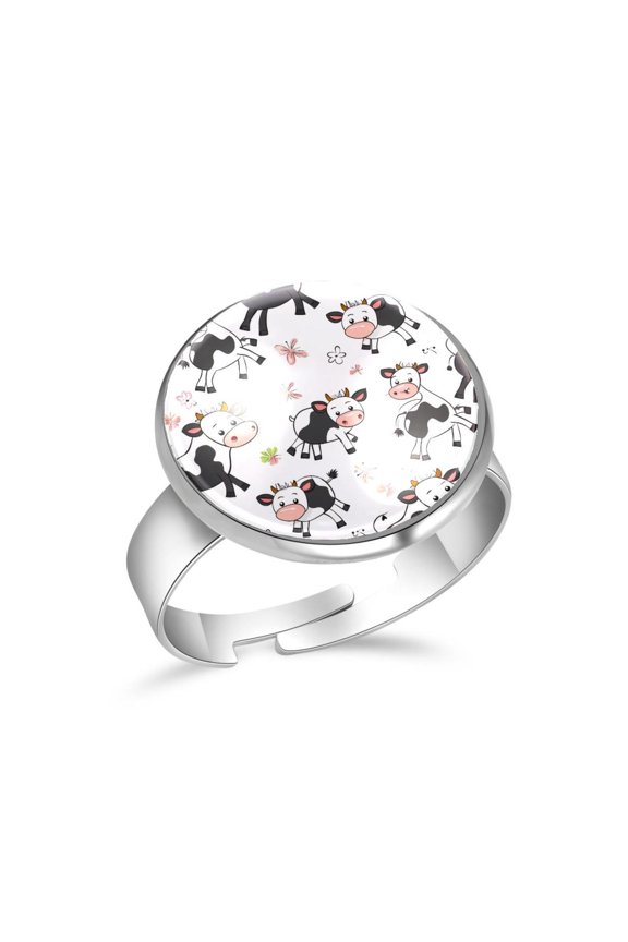 Cute Cows Flower Pattern Stainless Steel Rings for Women, Open Adjustable Ring Promise Ring Jewelry Gifts
