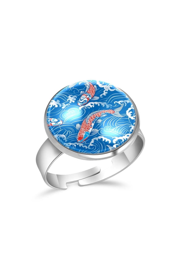 Cute Fish Koi Blue Wave Pattern Stainless Steel Rings for Women, Open Adjustable Ring Promise Ring Jewelry Gifts