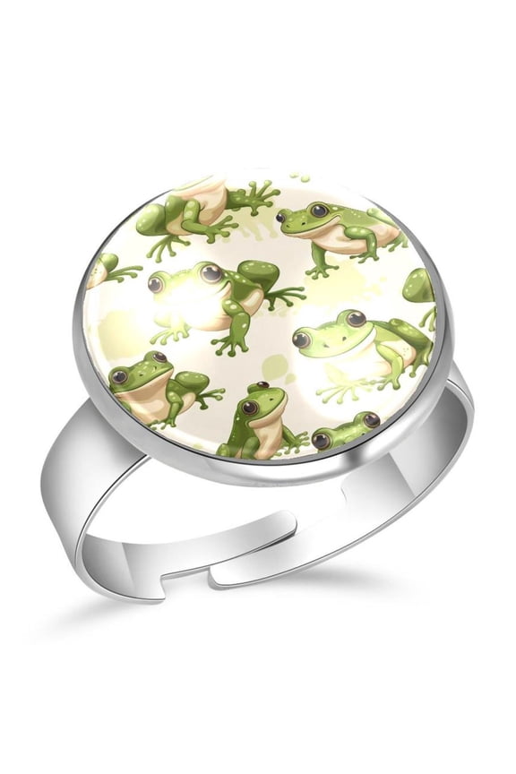Cute Green Frogs Pattern Stainless Steel Rings for Women, Open Adjustable Ring Promise Ring Jewelry Gifts