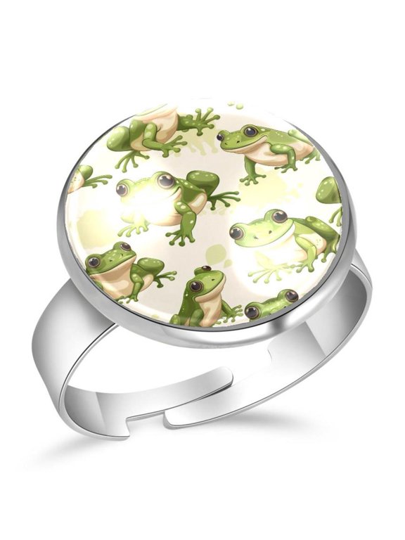 Cute Green Frogs Pattern Stainless Steel Rings for Women, Open Adjustable Ring Promise Ring Jewelry Gifts