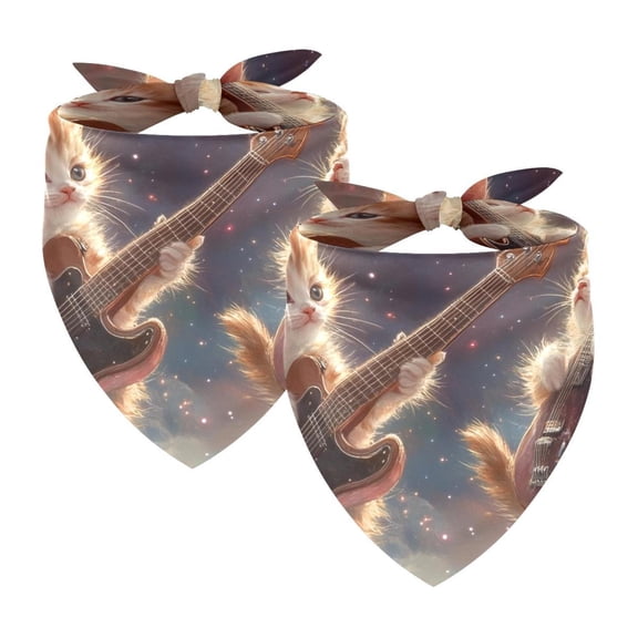 PhooArto Cute Kitten Play Guitar Galaxy Dog Bandanas, 2 Pack Soft Washable Pet Scarf Triangle for Large Dogs Puppies and Cats