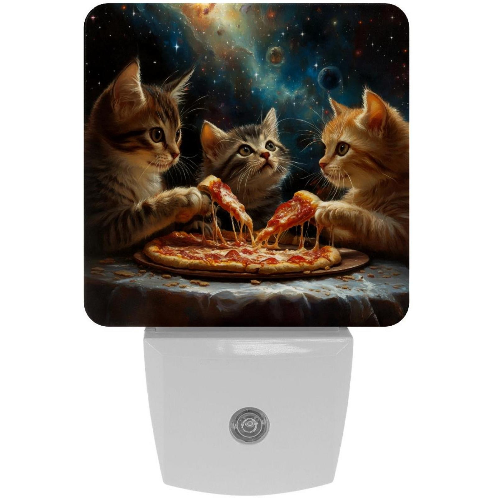 PhooArto Cute Kittens Eat Pizza Galaxy Plug in LED Night Light Auto Sensor Dusk to Dawn Decorative Night for Bedroom, Bathroom, Kitchen, Hallway, Stairs, Baby's Room, Energy Saving