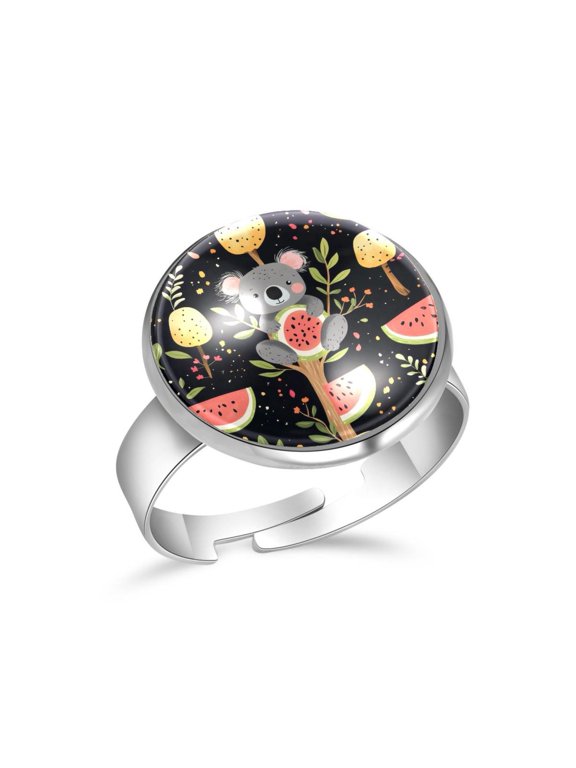 Cute Koala Watermelon Pattern Stainless Steel Rings for Women, Open Adjustable Ring Promise Ring Jewelry Gifts