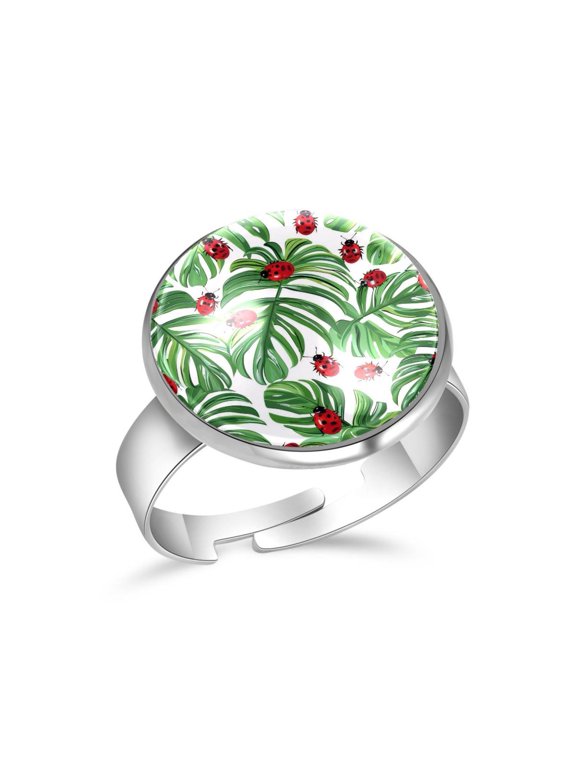 Cute Ladybug Palm Leaves Pattern Stainless Steel Rings for Women, Open Adjustable Ring Promise Ring Jewelry Gifts