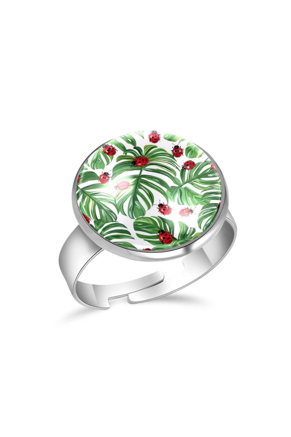 Cute Ladybug Palm Leaves Pattern Stainless Steel Rings for Women, Open Adjustable Ring Promise Ring Jewelry Gifts