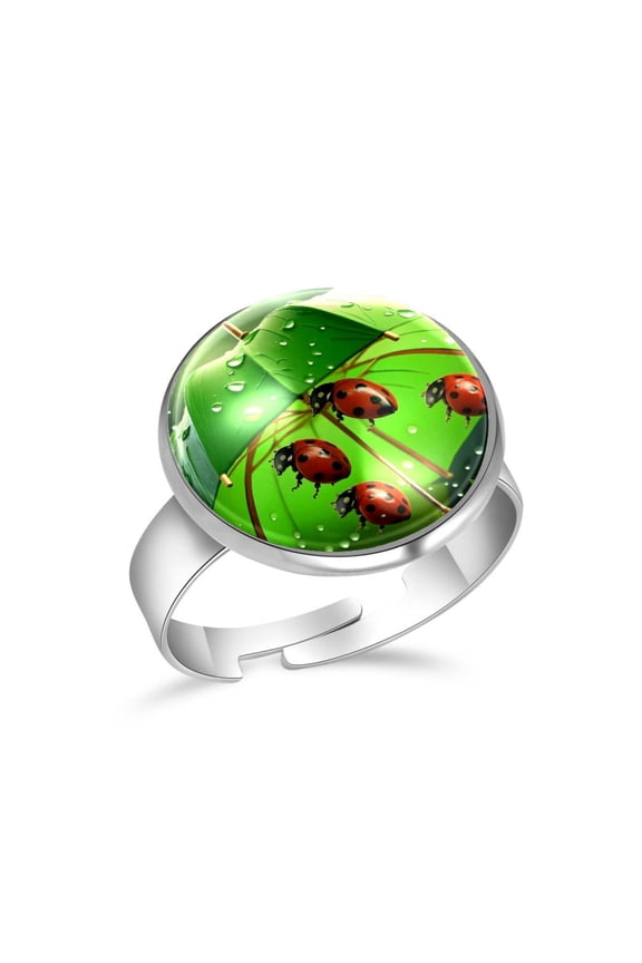 Cute Ladybugs Green Umbrella Stainless Steel Rings for Women, Open Adjustable Ring Promise Ring Jewelry Gifts