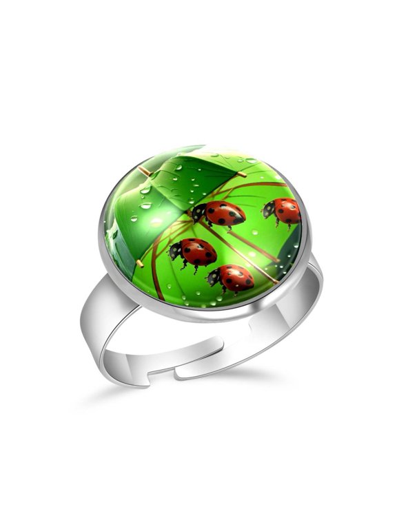 Cute Ladybugs Green Umbrella Stainless Steel Rings for Women, Open Adjustable Ring Promise Ring Jewelry Gifts