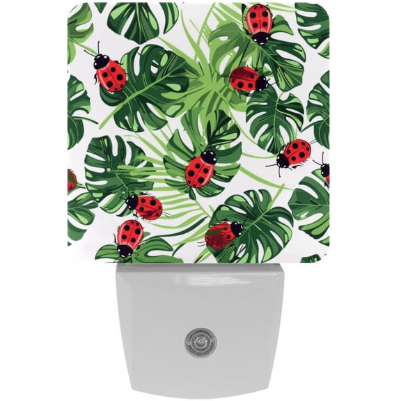 PhooArto Cute Ladybugs Palm Leaf Pattern Plug in LED Night Light Auto Sensor Dusk to Dawn Decorative Night for Bedroom, Bathroom, Kitchen, Hallway, Stairs, Baby's Room, Energy Saving