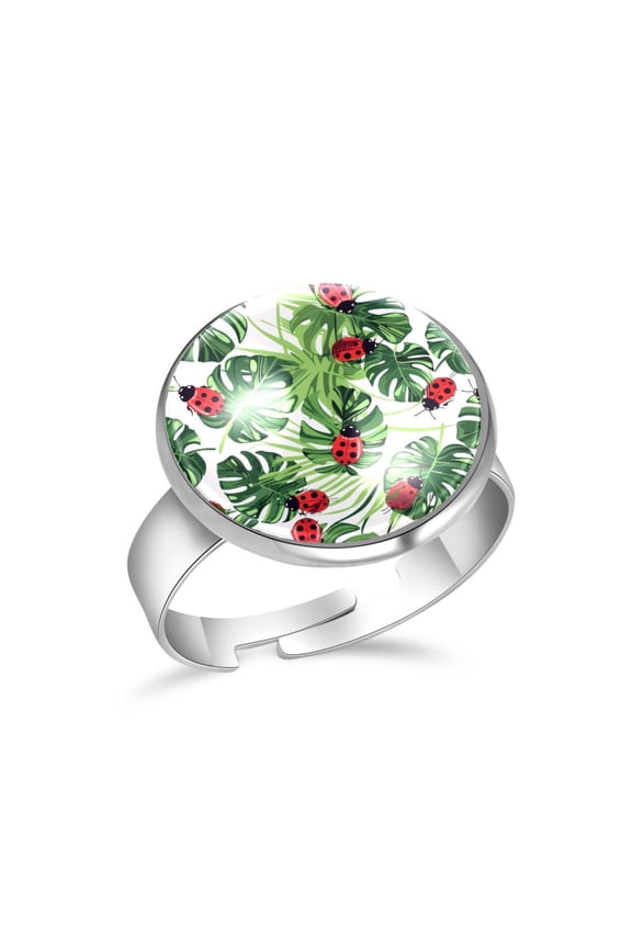 Cute Ladybugs Palm Leaf Pattern Stainless Steel Rings for Women, Open Adjustable Ring Promise Ring Jewelry Gifts