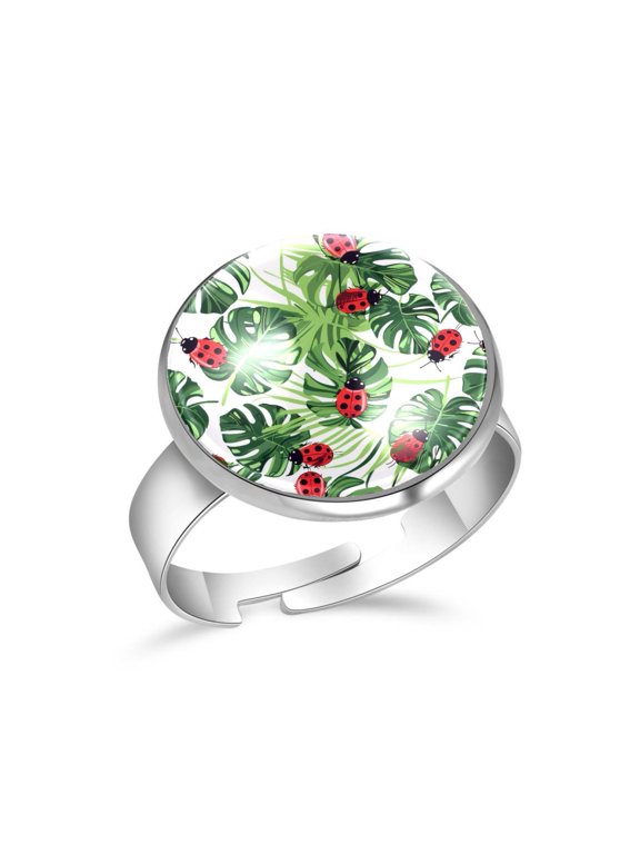 Cute Ladybugs Palm Leaf Pattern Stainless Steel Rings for Women, Open Adjustable Ring Promise Ring Jewelry Gifts
