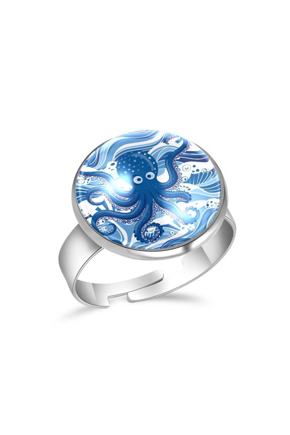 Cute Octopus and Blue Wave Pattern Stainless Steel Rings for Women, Open Adjustable Ring Promise Ring Jewelry Gifts