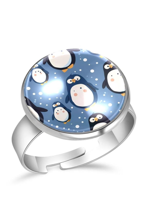 Cute Penguin Dots Pattern Stainless Steel Rings for Women, Open Adjustable Ring Promise Ring Jewelry Gifts