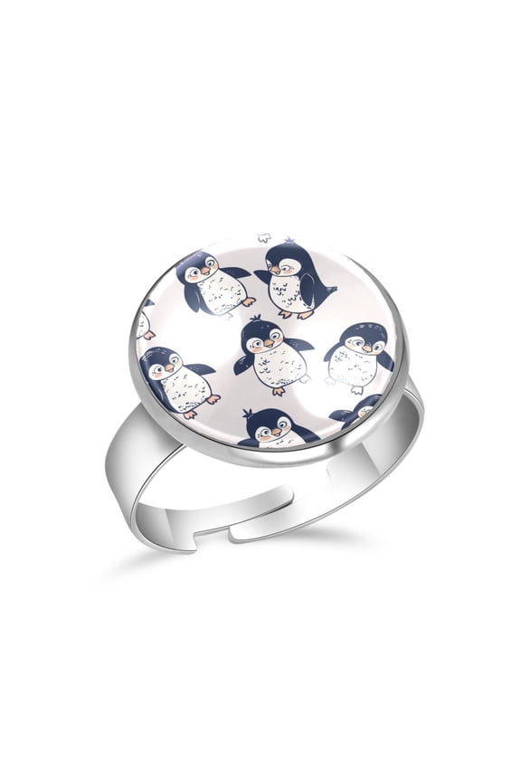Cute Playing Penguin Pattern Stainless Steel Rings for Women, Open Adjustable Ring Promise Ring Jewelry Gifts