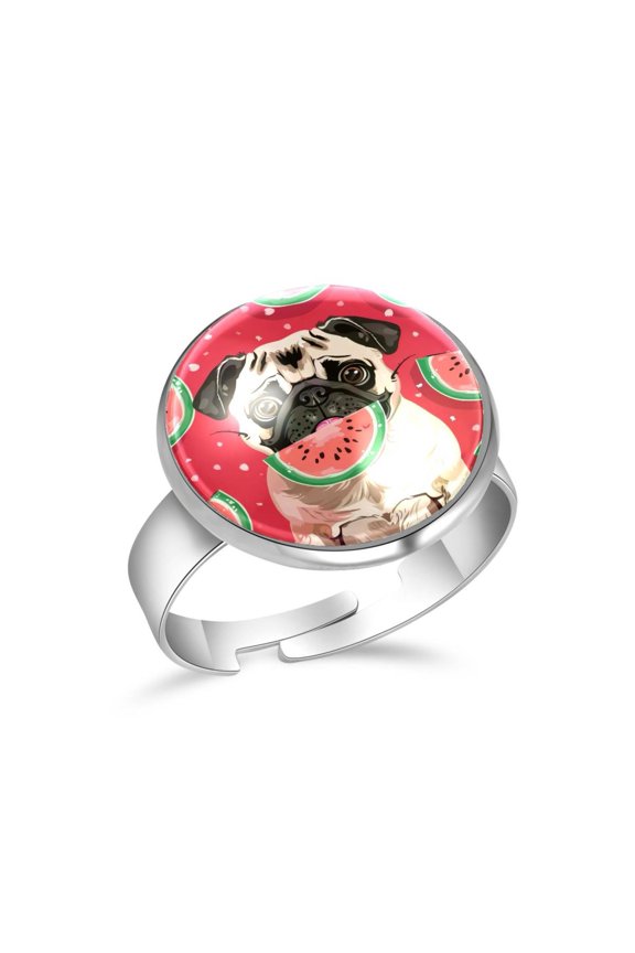 Cute Pug Dog Eat Watermelon Stainless Steel Rings for Women, Open Adjustable Ring Promise Ring Jewelry Gifts