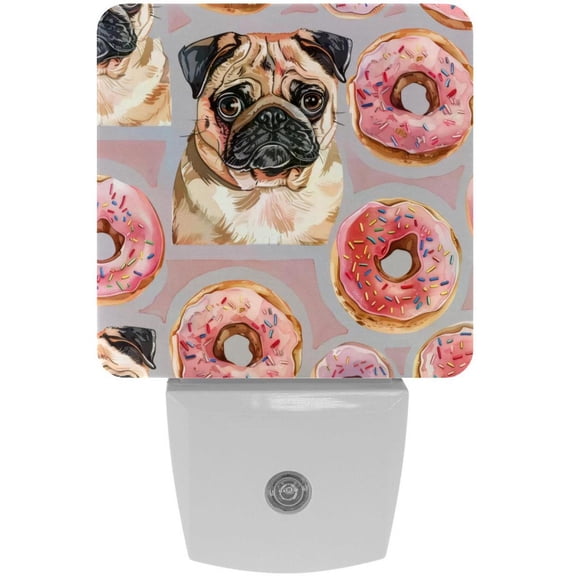 PhooArto Cute Pug Dog and Pink Donuts Plug in LED Night Light Auto Sensor Dusk to Dawn Decorative Night for Bedroom, Bathroom, Kitchen, Hallway, Stairs, Baby's Room, Energy Saving