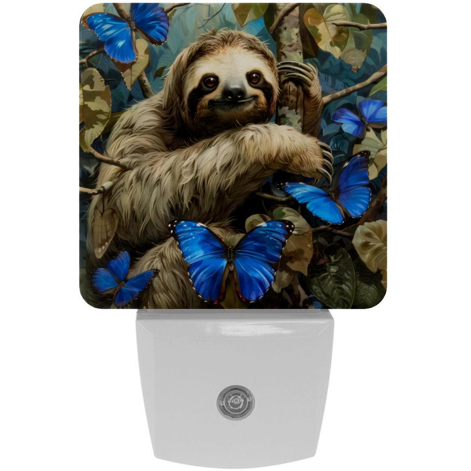 PhooArto Cute Sloth and Blue Butterflies Plug in LED Night Light Auto Sensor Dusk to Dawn Decorative Night for Bedroom, Bathroom, Kitchen, Hallway, Stairs, Baby's Room, Energy Saving