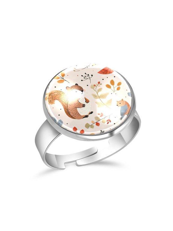 Cute Squirrel and Bird in Forest Pattern Stainless Steel Rings for Women, Open Adjustable Ring Promise Ring Jewelry Gifts