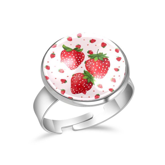 PhooArto Cute Strawberries Dots Pattern Stainless Steel Rings for Women, Open Adjustable Ring Promise Ring Jewelry Gifts